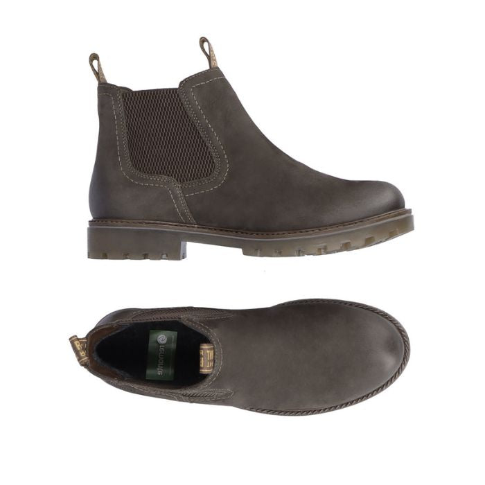 Top and side view of olive Women's Remonte D8472 Chelsea Boot highlighting waterproof leather and cushioned, shock-absorbing sole.