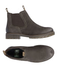 Top and side view of olive Women's Remonte D8472 Chelsea Boot highlighting waterproof leather and cushioned, shock-absorbing sole.