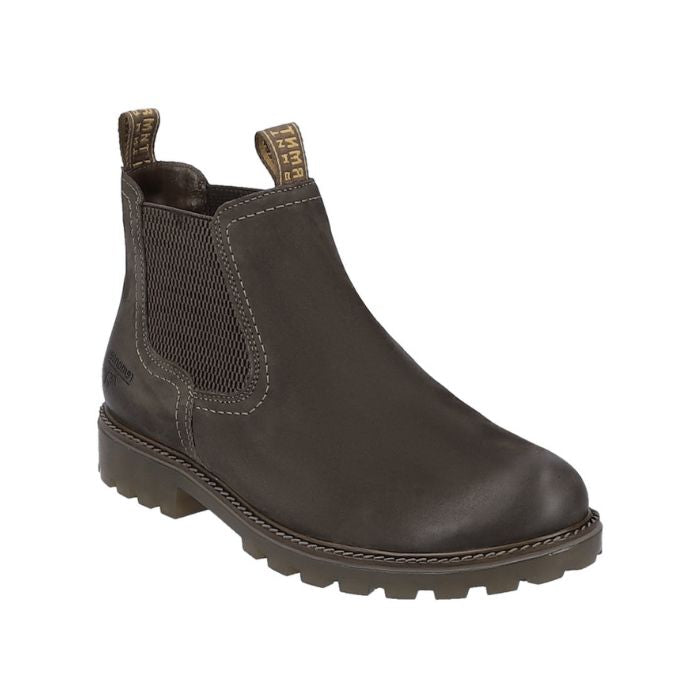 Women's Remonte D8472 Chelsea Boot in dark olive leather with brown elastic side panels, waterproof and ideal for fall ankle boot style.