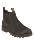 Women's Remonte D8472 Chelsea Boot in dark olive leather with brown elastic side panels, waterproof and ideal for fall ankle boot style.