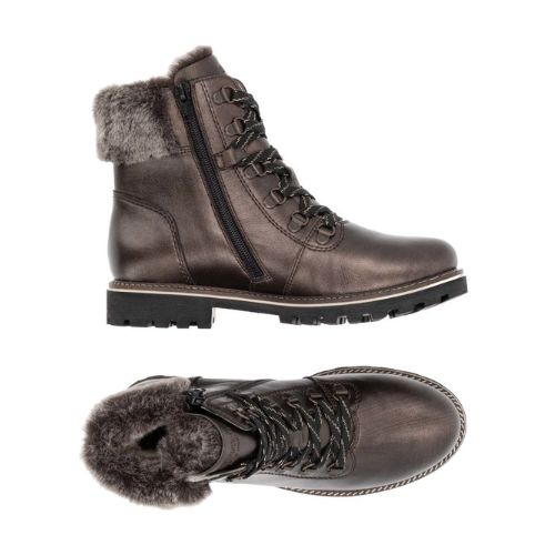 Side and top views of the waterproof Remonte D8483 women's lace-up ankle boots with fur lining and rugged sole for winter comfort.