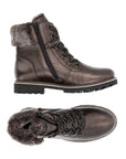 Side and top views of the waterproof Remonte D8483 women's lace-up ankle boots with fur lining and rugged sole for winter comfort.