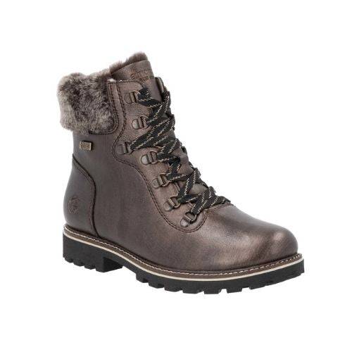 Women's Remonte D8483 lace-up ankle boot in metallic brown with faux fur trim and waterproof design, ideal for winter wear.