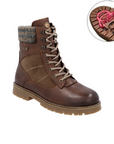 Brown leather lace-up winter boot with padded wool collar, and rugged rubber sole with close up of red flip grips.