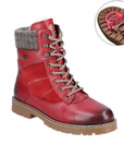 Red leather lace-up winter boot with padded wool collar, and rugged rubber sole with close up of red flip grips.