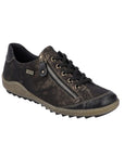 Women's Remonte R1402 brown leather lace-up sneaker with side zipper, waterproof finish, and orthotic-friendly design.