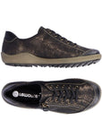 Black and bronze lace up shoe with zipper side closure and brown midsole. Remonte logo on black insole.
