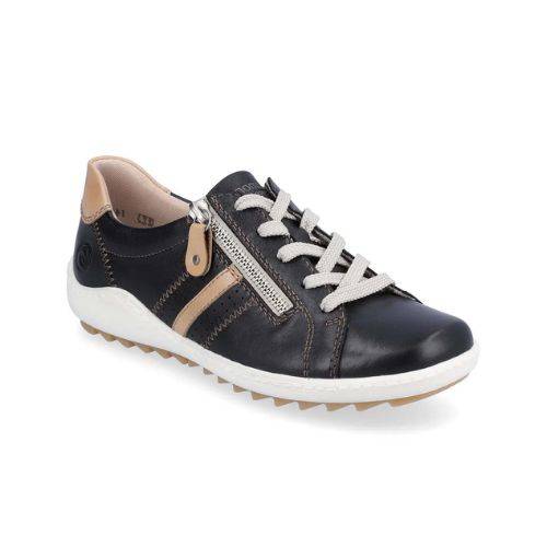 Black Women's Remonte R1432 Lace-Up Sneaker with beige accents, featuring side zipper and cushioned insole for flexible wear.