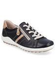 Black Lace-up sneaker with beige accents, side zipper, accent stitching, and white midsole.
