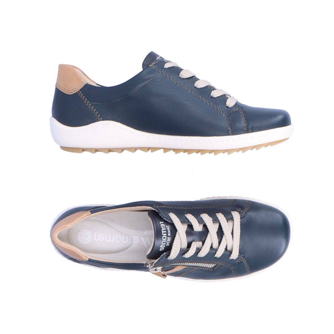 Top and side views of navy Women's Remonte R1432 Lace-Up Sneaker showcasing lace-up closure and lightweight, flexible sole.