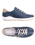 Top and side views of navy Women's Remonte R1432 Lace-Up Sneaker showcasing lace-up closure and lightweight, flexible sole.
