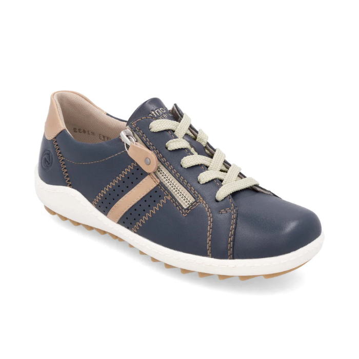 Navy Women's Remonte R1432 Lace-Up Sneaker with beige accents, side zipper, and soft leather for a stylish, supportive fit.