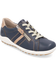 Navy Lace-up sneaker with beige accents, side zipper, accent stitching, and white midsole.