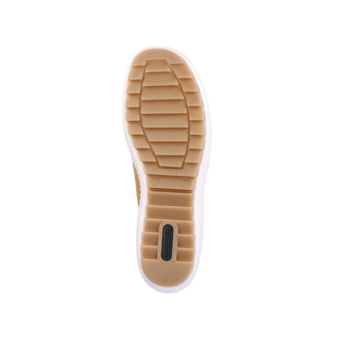 Outsole view of yellow Women's Remonte R1432 Lace-Up Sneaker showing grippy rubber sole for stability and everyday traction.