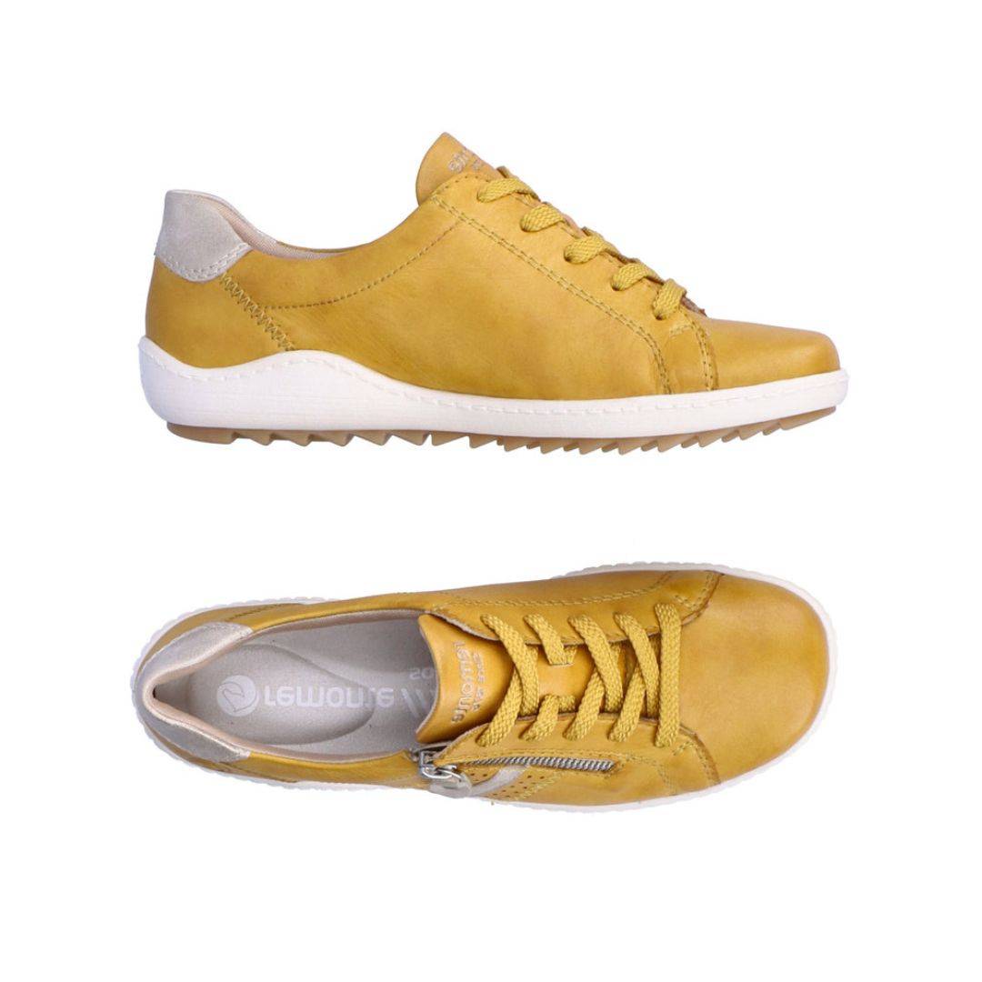 Top and side views of yellow Women's Remonte R1432 Lace-Up Sneaker featuring soft leather upper and flexible, cushioned sole.