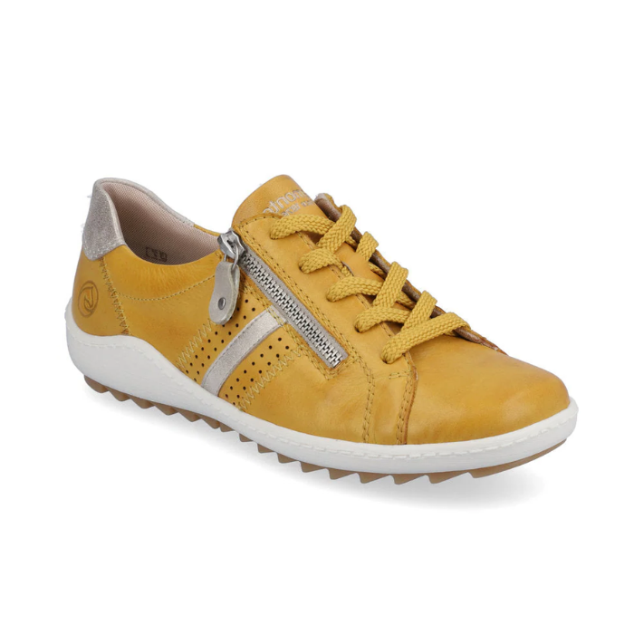 Yellow Women's Remonte R1432 Lace-Up Sneaker with beige heel patch, side zipper, and breathable leather for stylish daily wear.