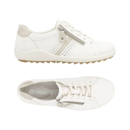 Top and side views of white Women's Remonte R1432 Lace-Up Sneaker showcasing soft leather, lace-up front, and flexible sole for everyday wear.