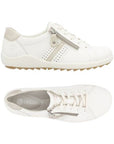 Pair of White Lace-up sneaker with beige accents, side zipper, accent stitching, grey Remonte logo'd footbed and white midsole.