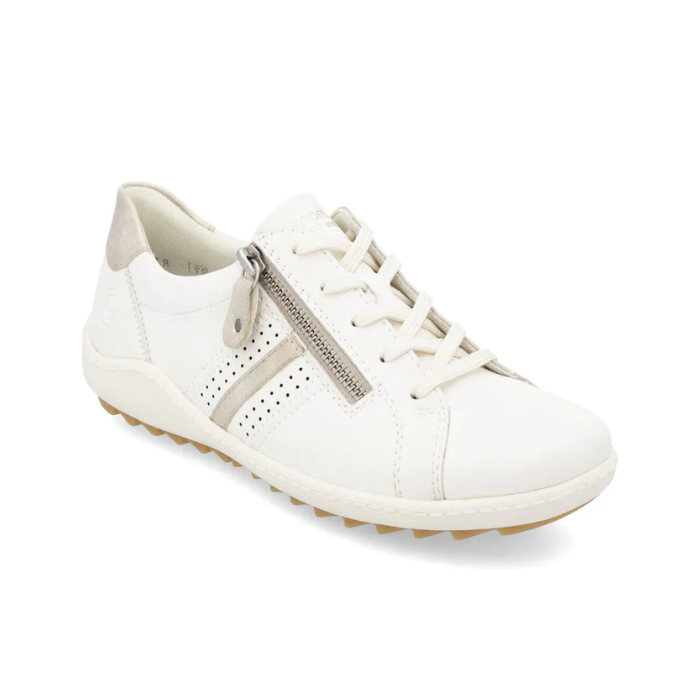 Women's Remonte R1432 Lace-Up Sneaker in white leather with side zipper and perforated detailing, ideal for lightweight comfort and flexibility.