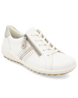 White Lace-up sneaker with beige accents, side zipper, accent stitching, and white midsole.