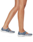 Blue Remonte R3510 Mary-Jane Flats worn with shorts, showcasing lightweight, breathable style for casual summer walking.