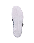 Bottom view of blue Remonte R3510 Mary-Jane Flat with white sole, emphasizing grip and shock absorbing design for comfort.