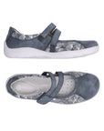 Top and side views of blue Remonte R3510 Mary-Jane Flat featuring stretch fabric and ergonomic footbed for all-day wear.