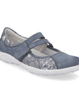 Remonte R3510 Mary-Jane Flat in blue with white floral accents and shock absorbing sole, designed for stylish summer comfort.