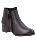 Women's Remonte R5172 Ankle Boot in black leather with side zipper, suede panel, and block heel for fall fashion and comfort.