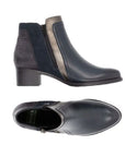 Side and top view of navy Women's Remonte R5172 Ankle Boot showing dual-texture design, metallic trim, and removable insole feature.
