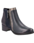 Women's Remonte R5172 Ankle Boot in navy leather with metallic and suede accents, side zipper, and low block heel for stylish wear.