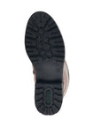 Bottom sole of brown R6581 Tall Boot with rugged tread for enhanced traction in winter conditions, labeled with Remonte logo.
