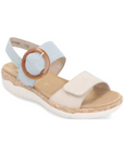 Rieker R6853 Backstrap Sandal in beige and light blue with oversized buckle, ideal for lightweight, flexible summer footwear.