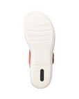 Bottom sole of Rieker R6853 Backstrap Sandal in tan and orange, built with shock-absorbing material and textured grip for stability.