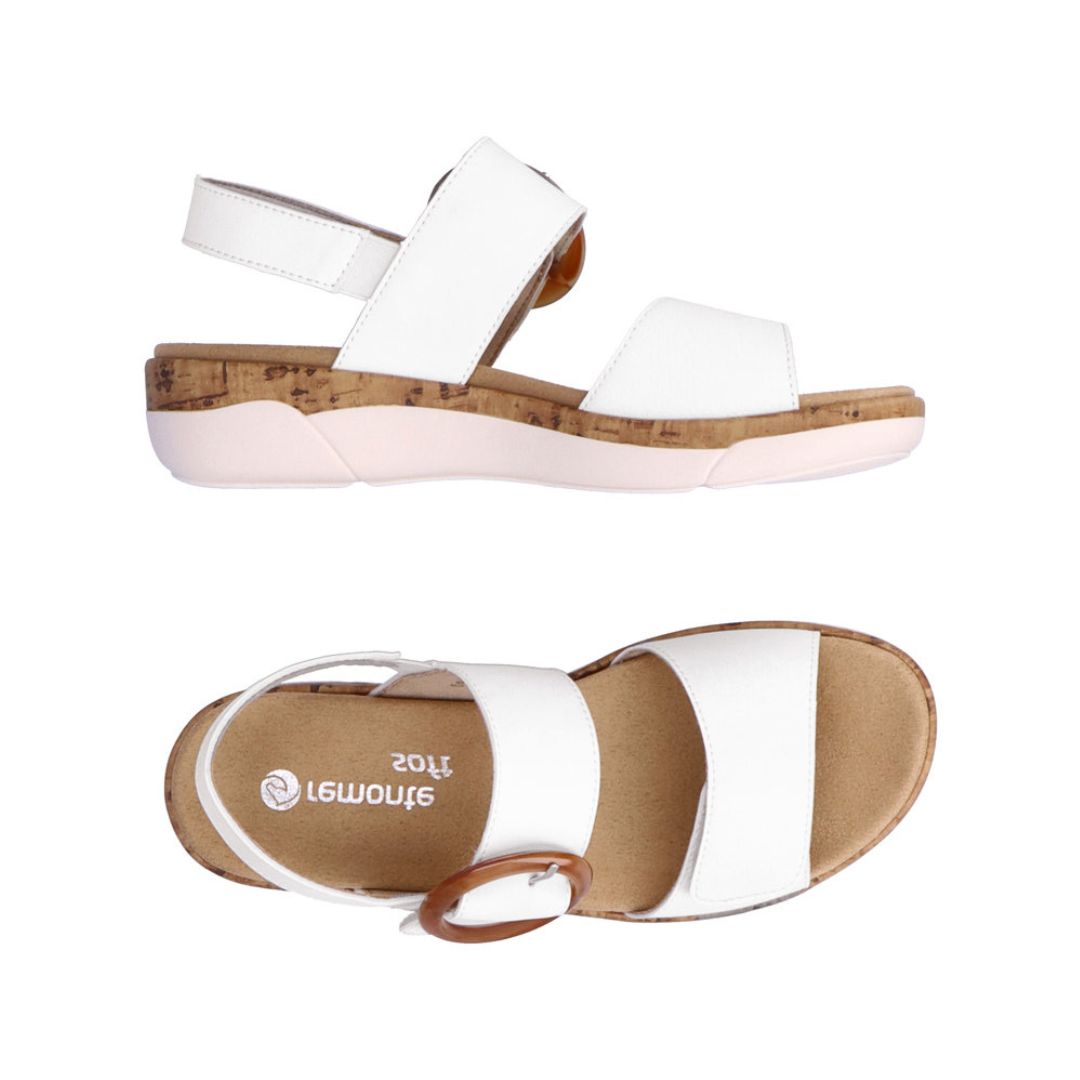 Top and side views of Rieker R6853 Backstrap Sandal in white, showing removable footbed and ergonomic design for women’s footwear.