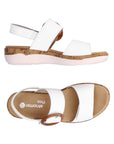 Top and side views of Rieker R6853 Backstrap Sandal in white, showing removable footbed and ergonomic design for women’s footwear.