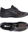 Side and top view of lace-patterned black Women's Remonte R7600 Velcro Shoe, featuring stretch material and easy Velcro closure.