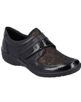 Women's Remonte R7600 Velcro Shoe in black with lace-patterned textile upper and patent trim, designed for comfort and flexibility.