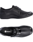Side and top view of black Women's Remonte R7600 Velcro Shoe, ideal for casual wear with soft stretch material and easy slip-on design.