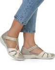 Model wearing Women's Rieker R7601 Mary-Jane Shoe with jeans, highlighting lightweight, stylish fit and everyday casual appeal.