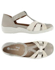 Top and side views of Women's Rieker R7601 Mary-Jane Shoe showing soft leather upper, cross-strap design, and cushioned insole.