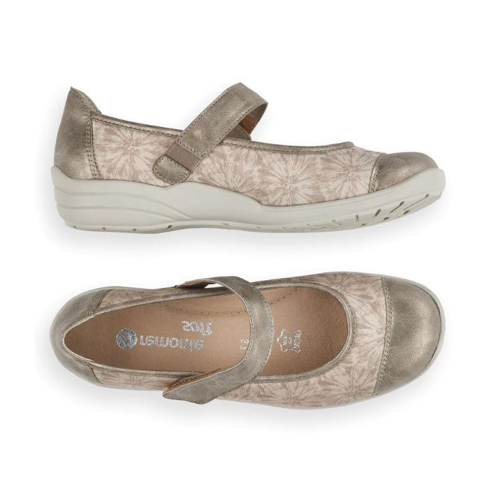 Top and side view of beige floral and bronze Mary-Jane shoe with beige outsole. Remonte logo on brown leather insole.