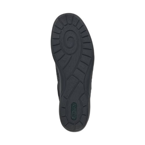Outsole view of the black Remonte R7637 Lace-Up Sneaker showing durable, shock-absorbing tread for enhanced grip and comfort.