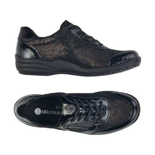Top and side views of black Remonte R7637 Lace-Up Sneaker for women, featuring flexible stretch fabric and shock-absorbing sole.