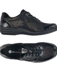 Top and side views of black Remonte R7637 Lace-Up Sneaker for women, featuring flexible stretch fabric and shock-absorbing sole.