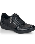 Women's Remonte R7637 Lace-Up Sneaker in black with stretch material and side zipper, ideal for bunions and all-day comfort.