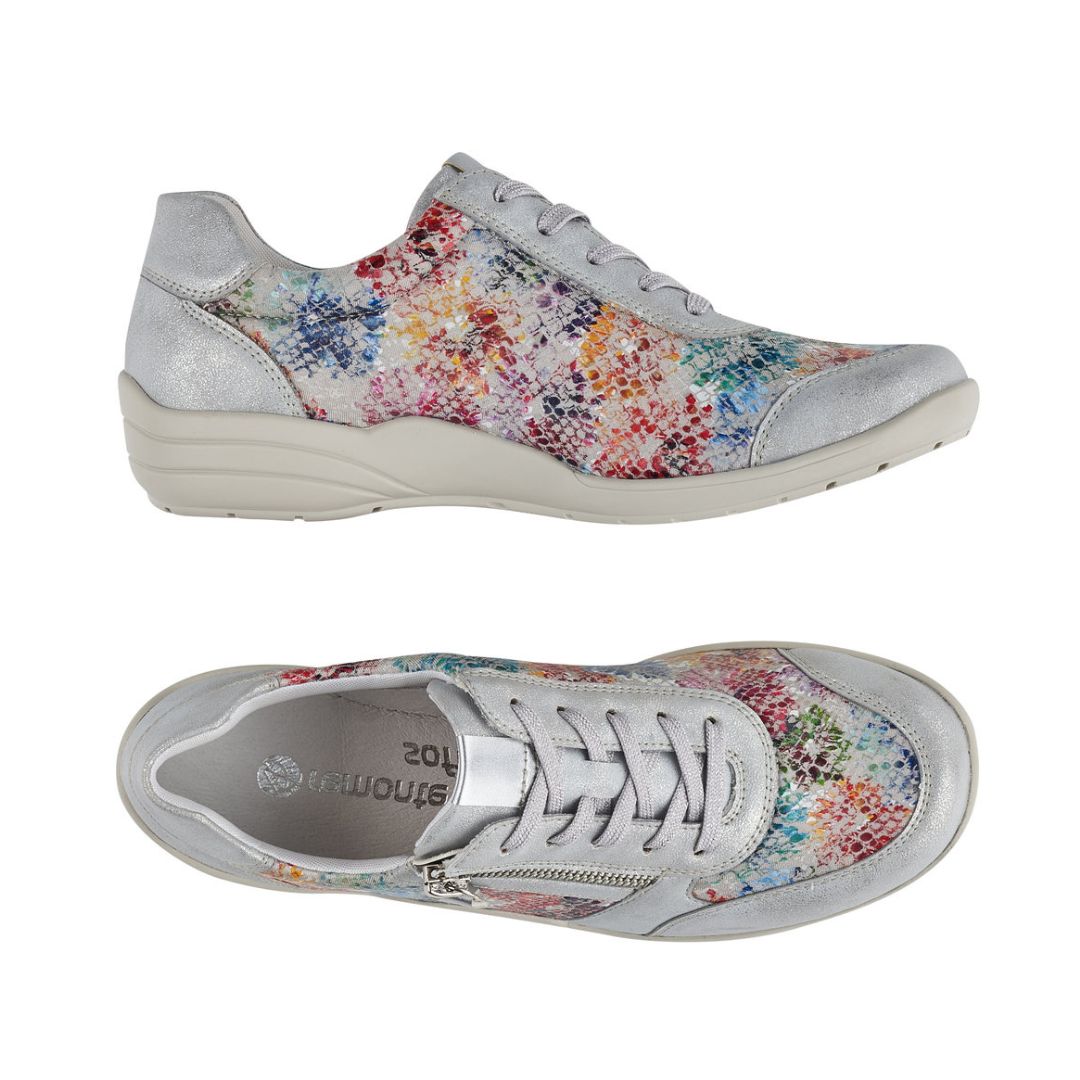 Top and side views of silver multicolor Remonte R7637 Lace-Up Sneaker for women, featuring flexible upper and cushioned sole.