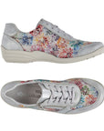 Top and side views of silver multicolor Remonte R7637 Lace-Up Sneaker for women, featuring flexible upper and cushioned sole.