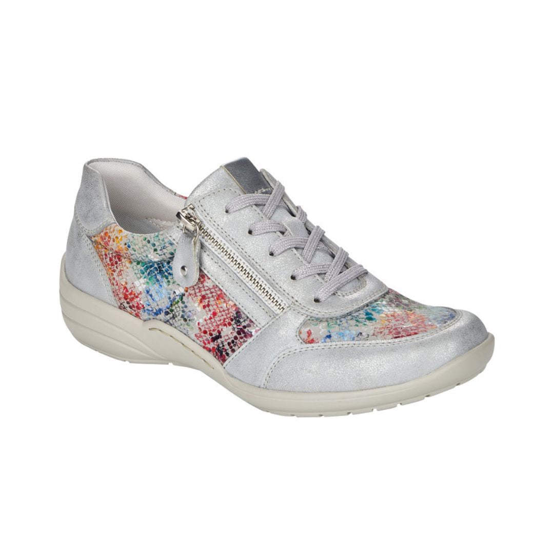 Women's Remonte R7637 Lace-Up Sneaker in silver with multicolor pattern, stretch material and side zipper for bunion-friendly fit.