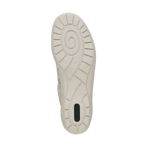 Outsole of beige floral Remonte R7637 Lace-Up Sneaker featuring non-slip, shock-absorbing tread for everyday support.